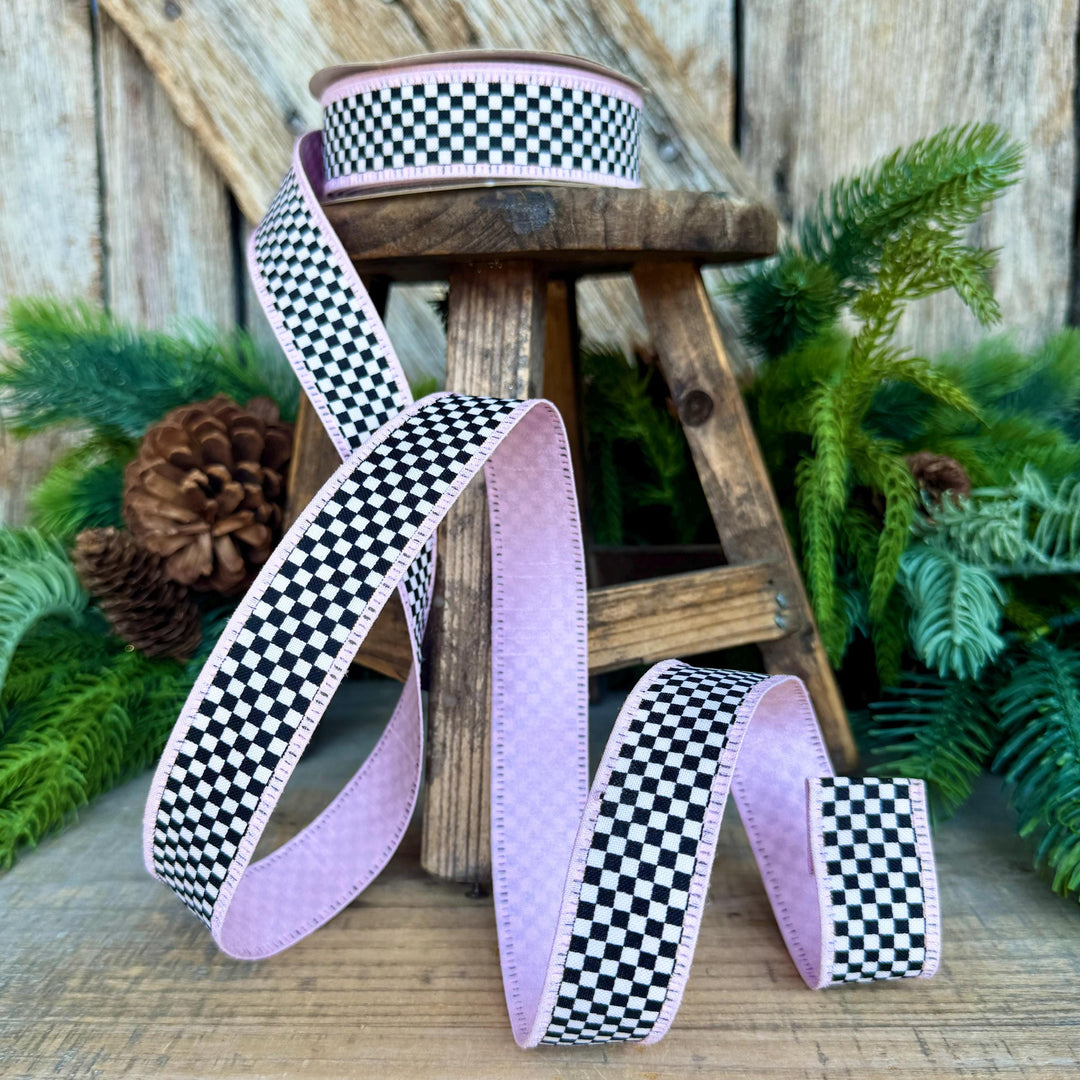 1" Black White Check Ribbon with Pink Trim