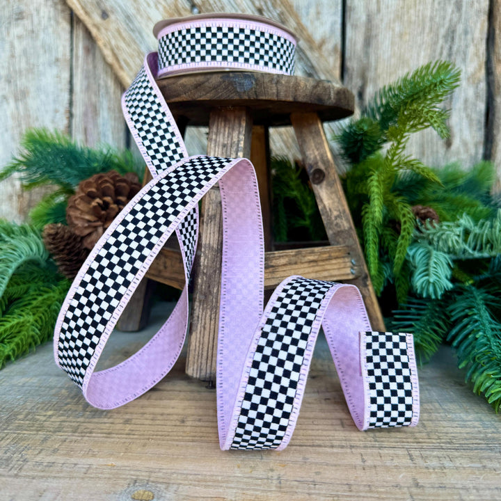 1" Black White Check Ribbon with Pink Trim