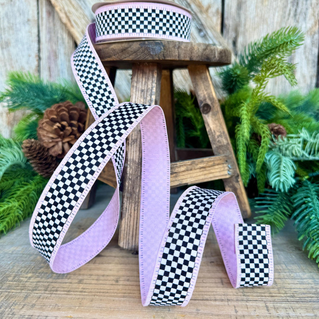 1" Black White Check Ribbon with Pink Trim