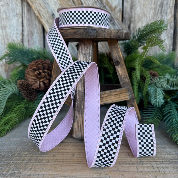 1" Black White Check Ribbon with Pink Trim