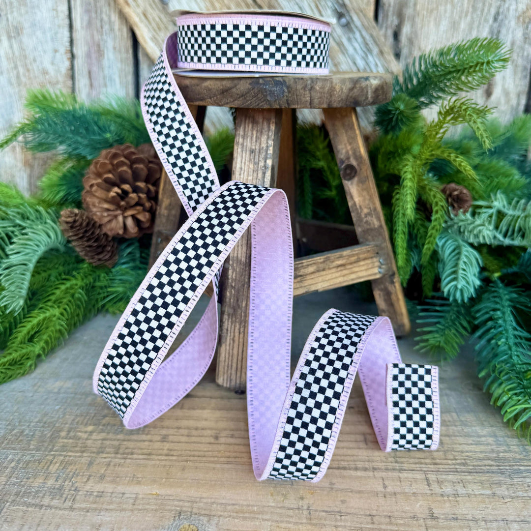 1" Black White Check Ribbon with Pink Trim