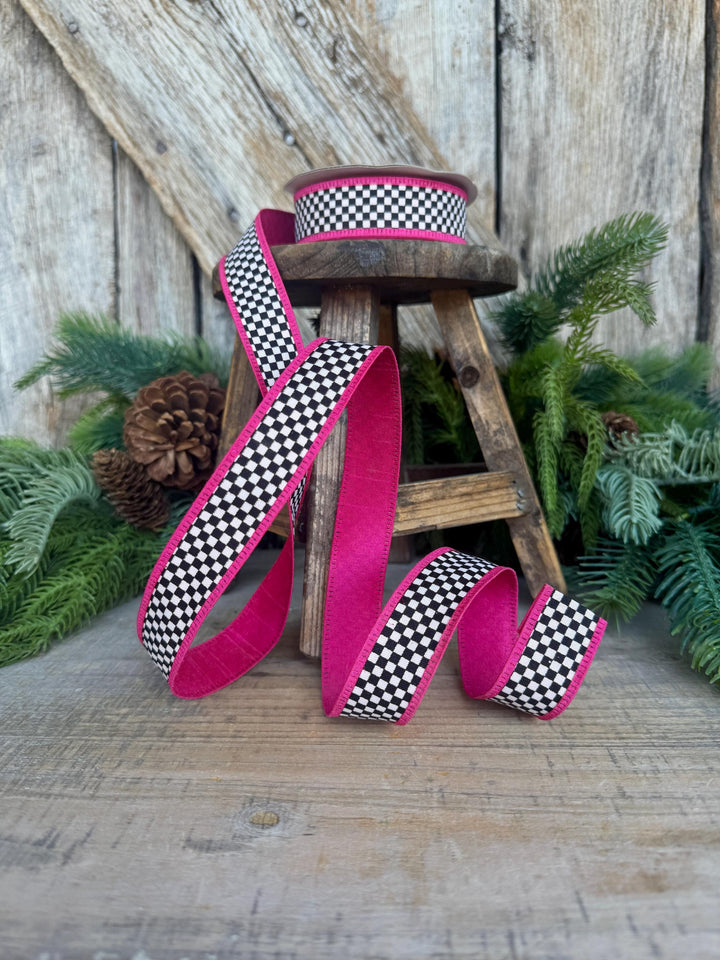 1" Black White Check Ribbon with Hot Pink Trim