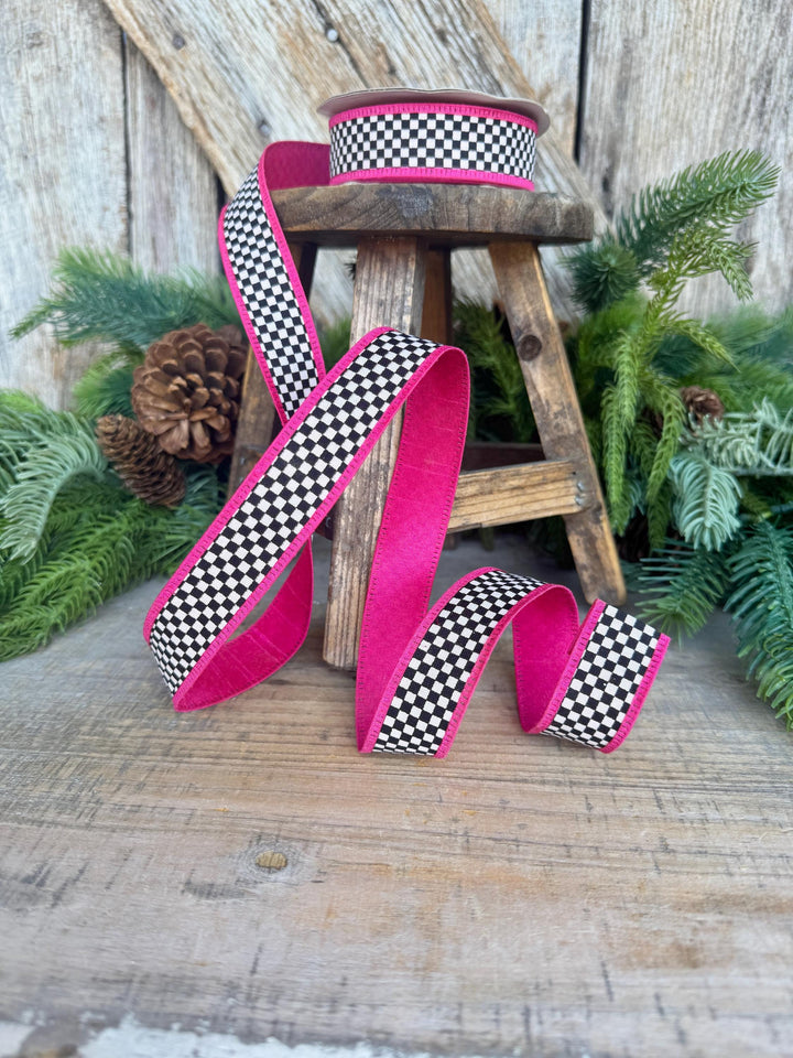 1" Black White Check Ribbon with Hot Pink Trim