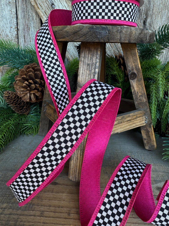 1" Black White Check Ribbon with Hot Pink Trim