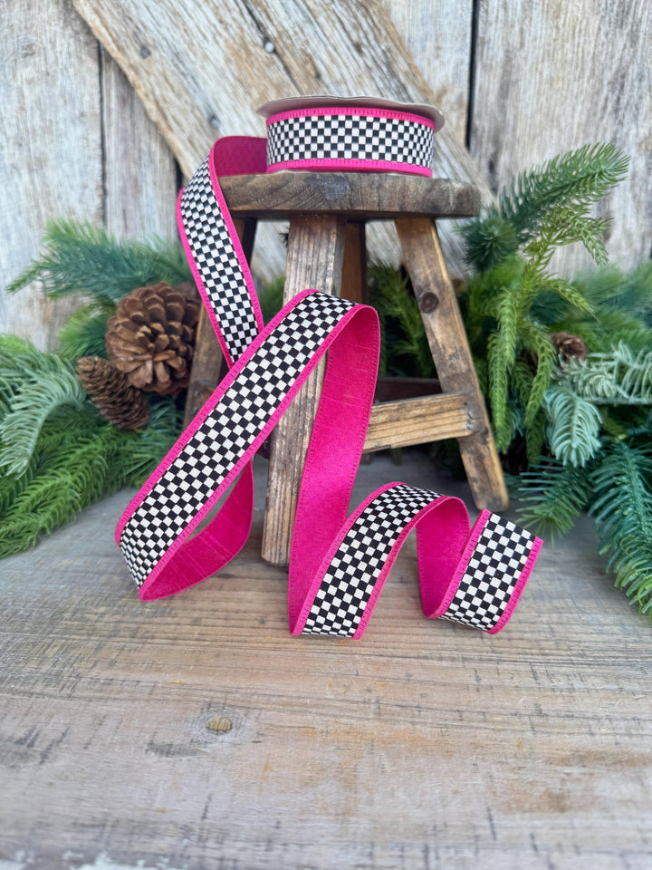 1" Black White Check Ribbon with Hot Pink Trim