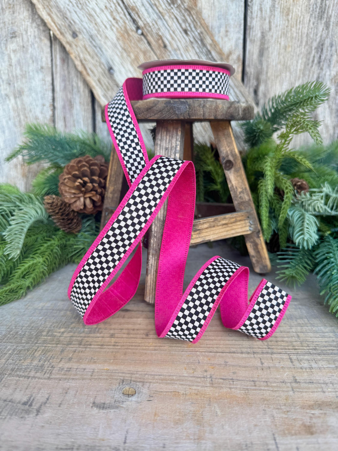 1" Black White Check Ribbon with Hot Pink Trim