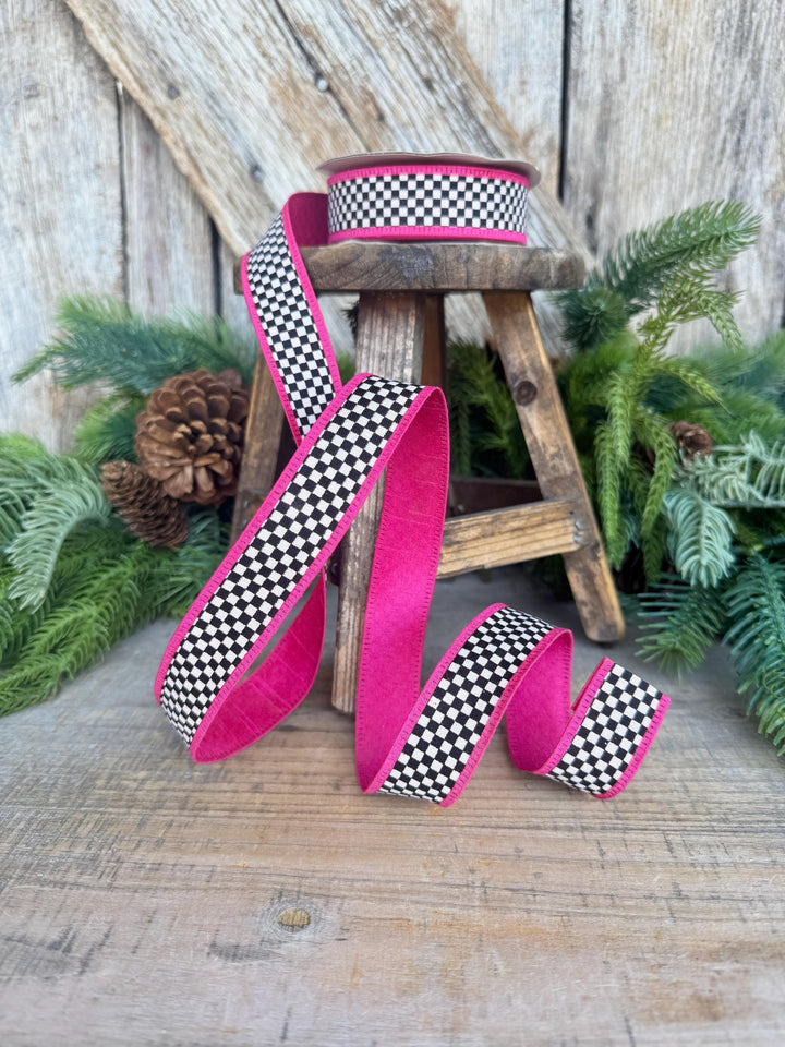 1" Black White Check Ribbon with Hot Pink Trim