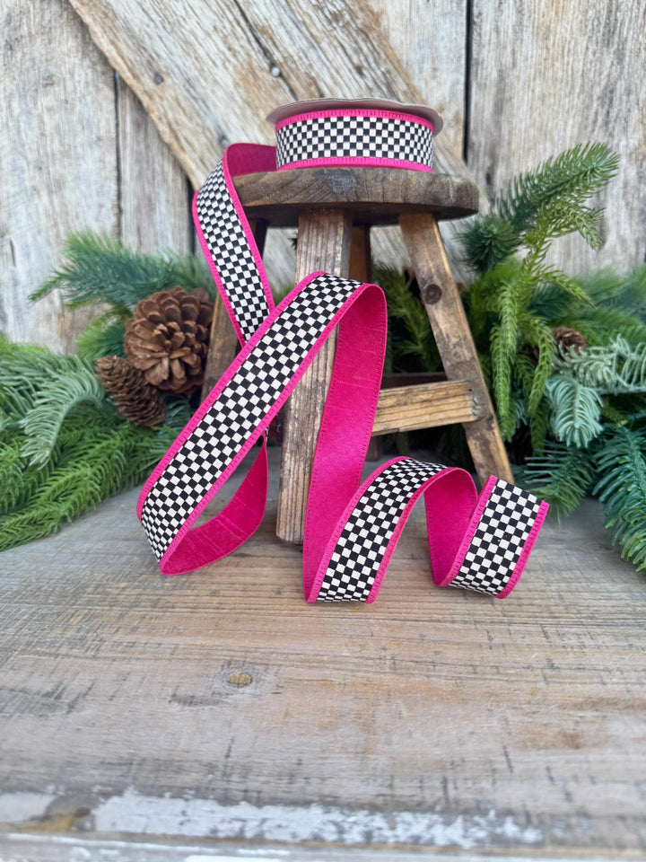 1" Black White Check Ribbon with Hot Pink Trim