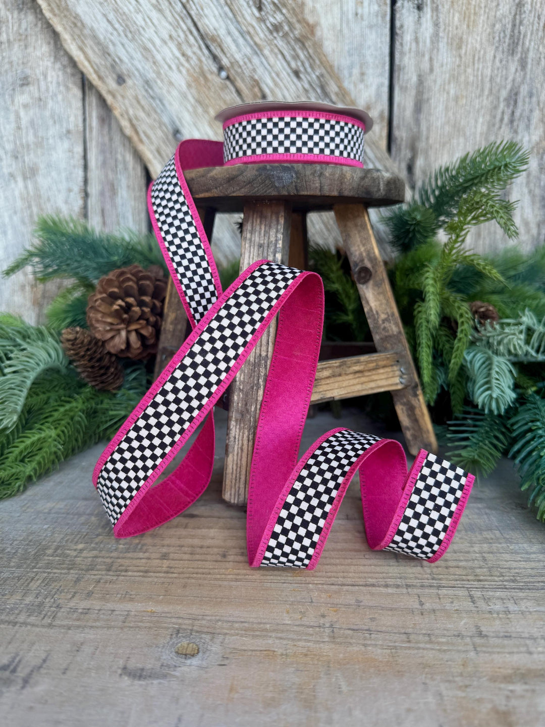 1" Black White Check Ribbon with Hot Pink Trim