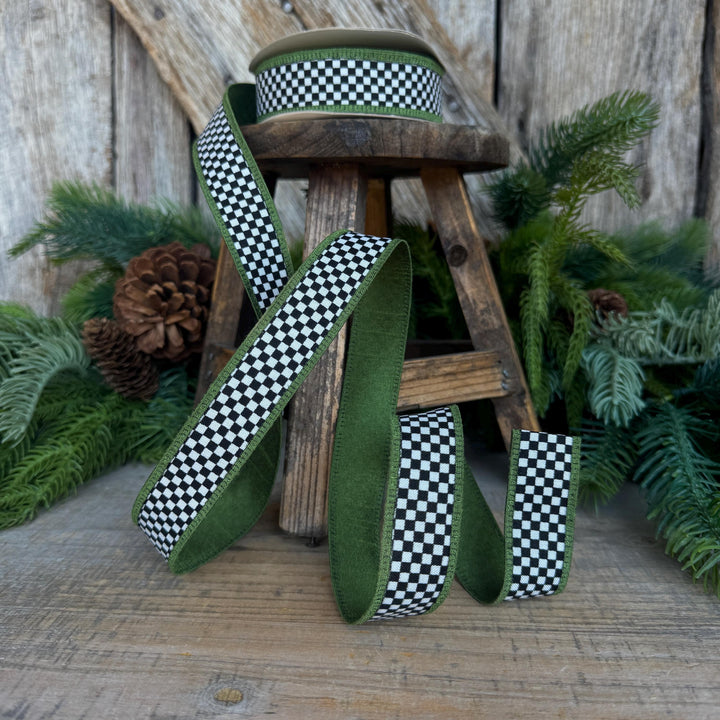 1" Black White Check Ribbon with Moss Green Trim