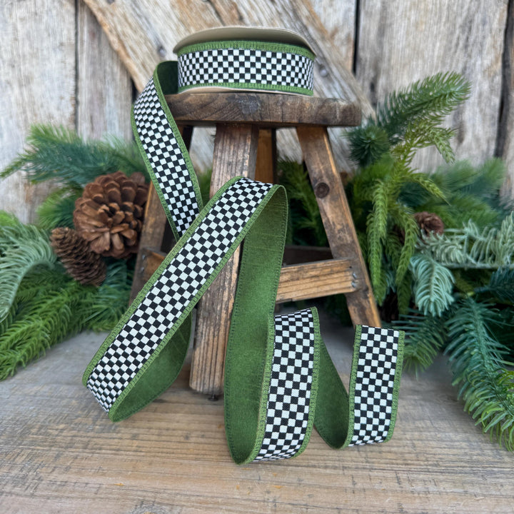 1" Black White Check Ribbon with Moss Green Trim
