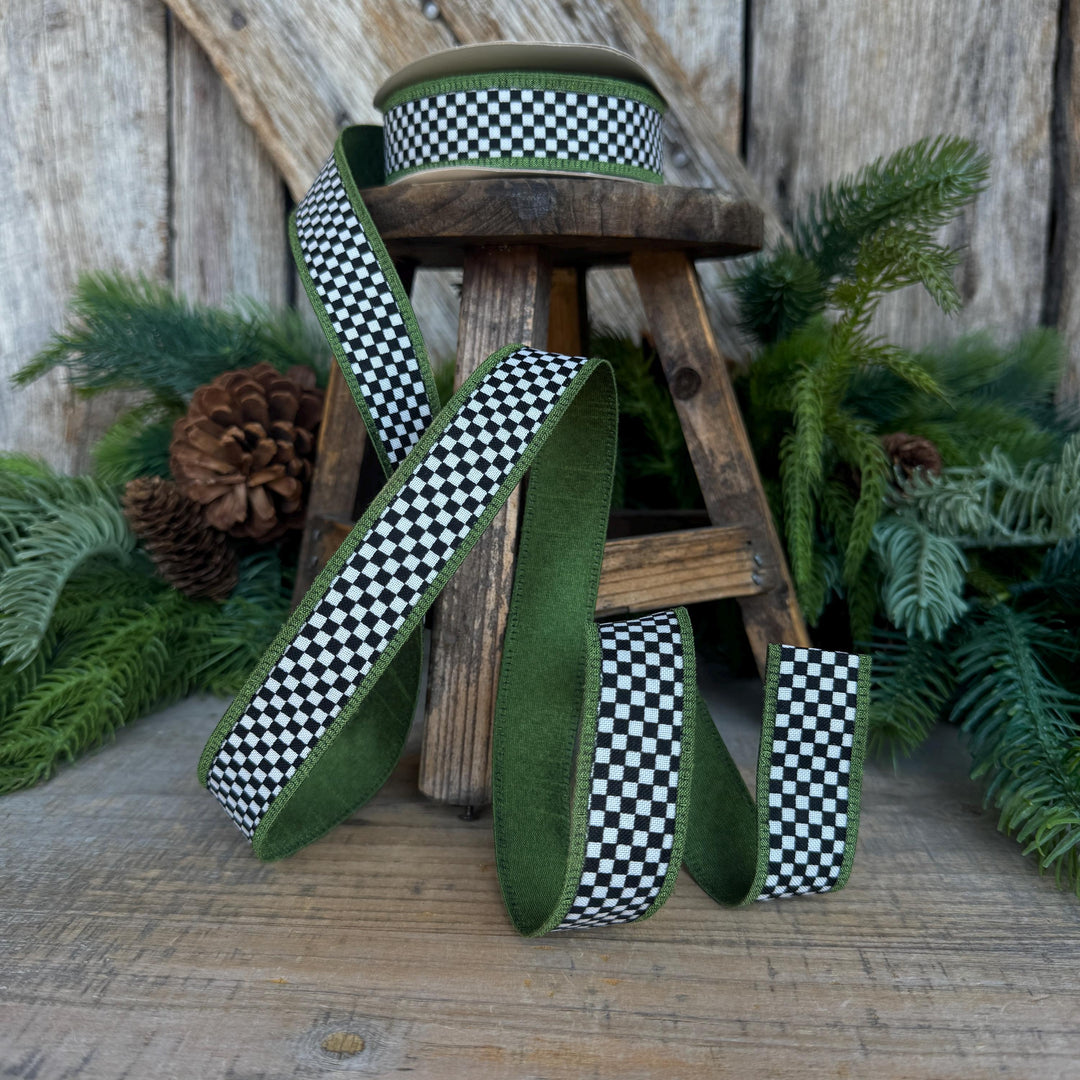 1" Black White Check Ribbon with Moss Green Trim