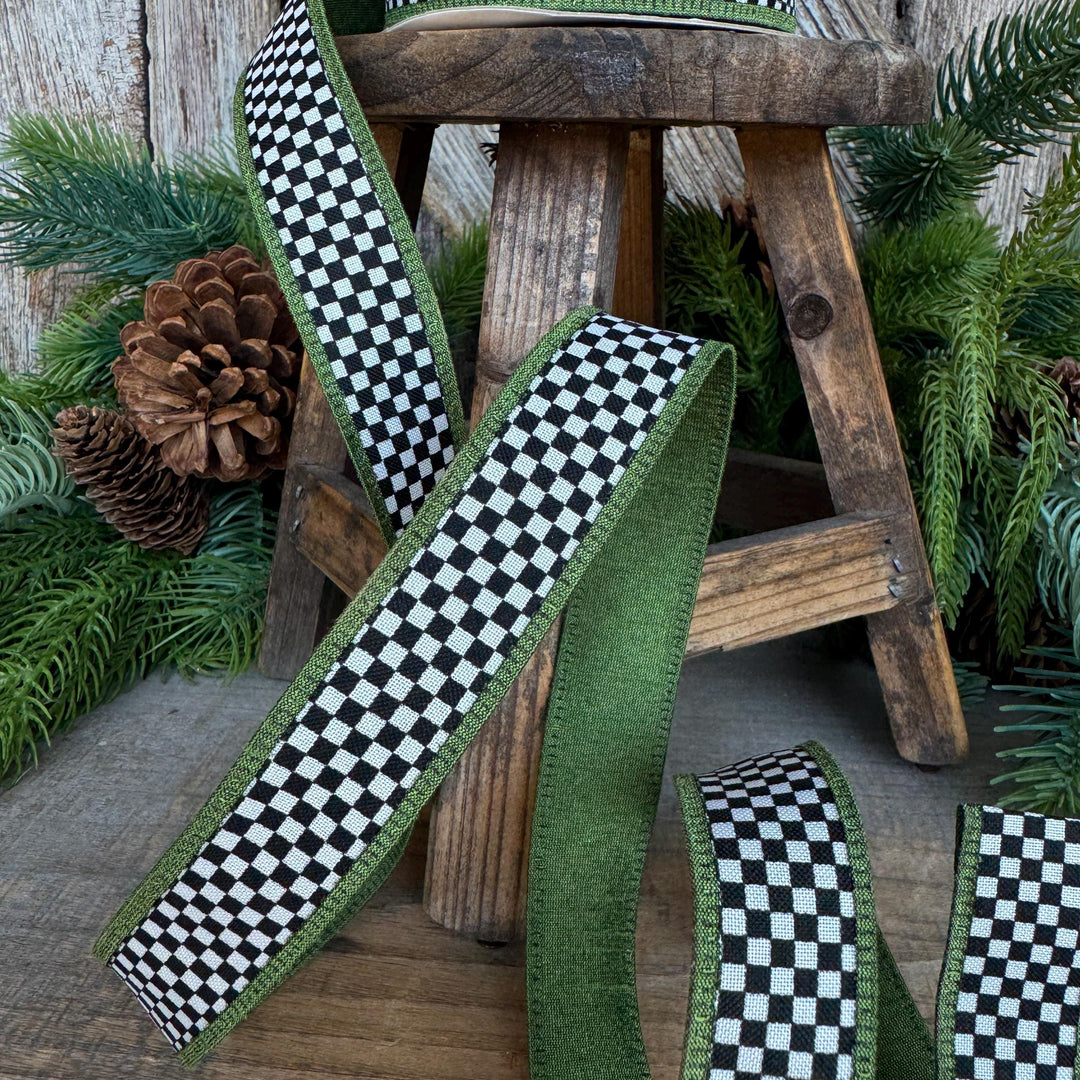 1" Black White Check Ribbon with Moss Green Trim