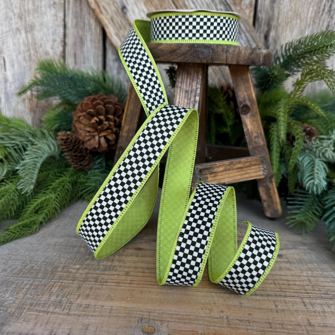 1" Black White Check Ribbon with Lime Green Trim