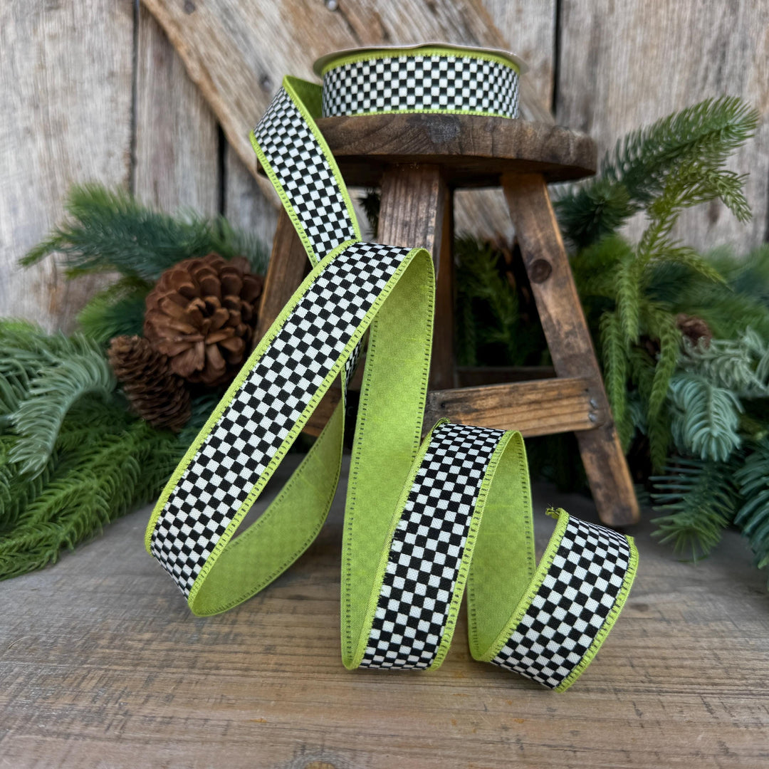 1" Black White Check Ribbon with Lime Green Trim