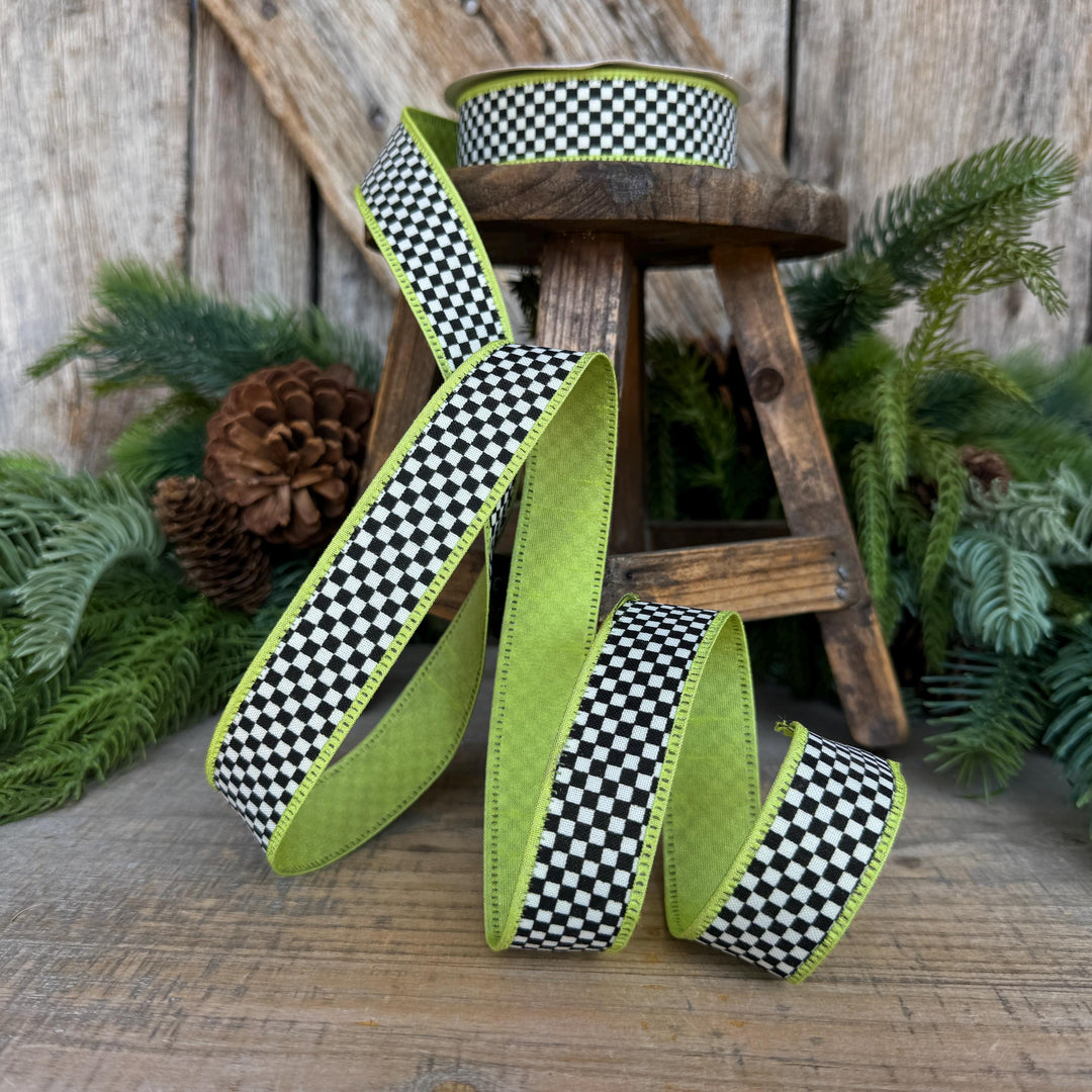 1" Black White Check Ribbon with Lime Green Trim