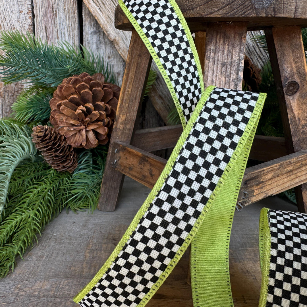 1" Black White Check Ribbon with Lime Green Trim