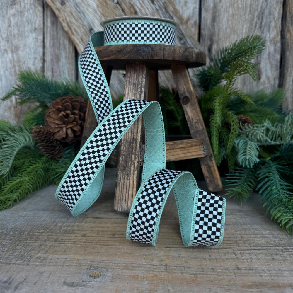 1" Black White Check Ribbon with Mint Green Trim