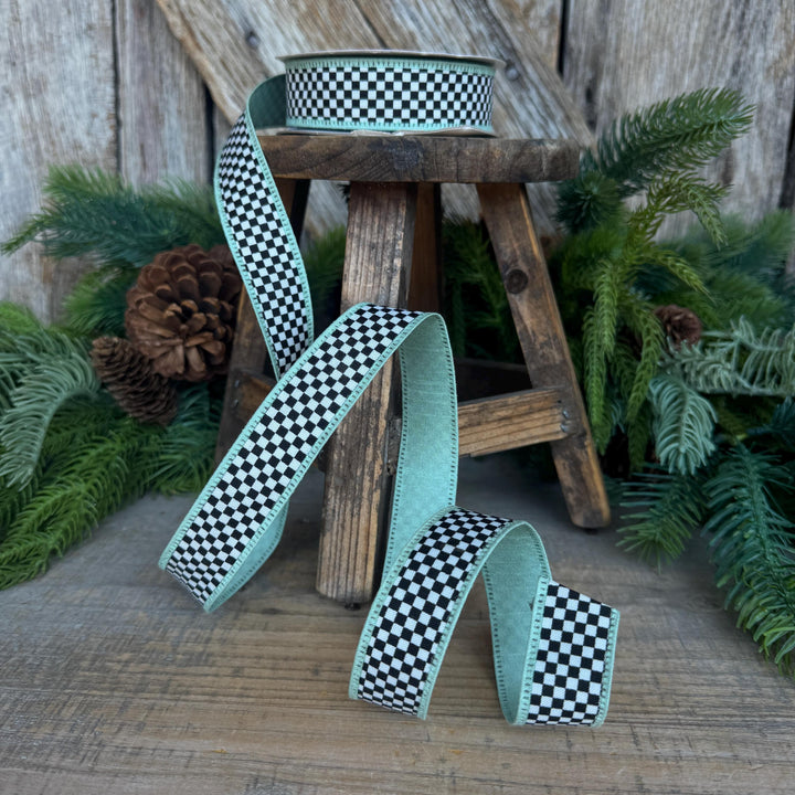 1" Black White Check Ribbon with Mint Green Trim
