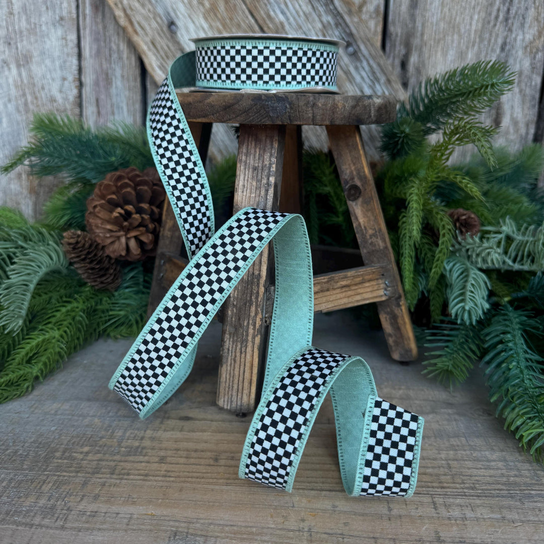 1" Black White Check Ribbon with Mint Green Trim