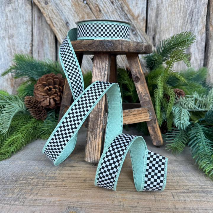 1" Black White Check Ribbon with Mint Green Trim
