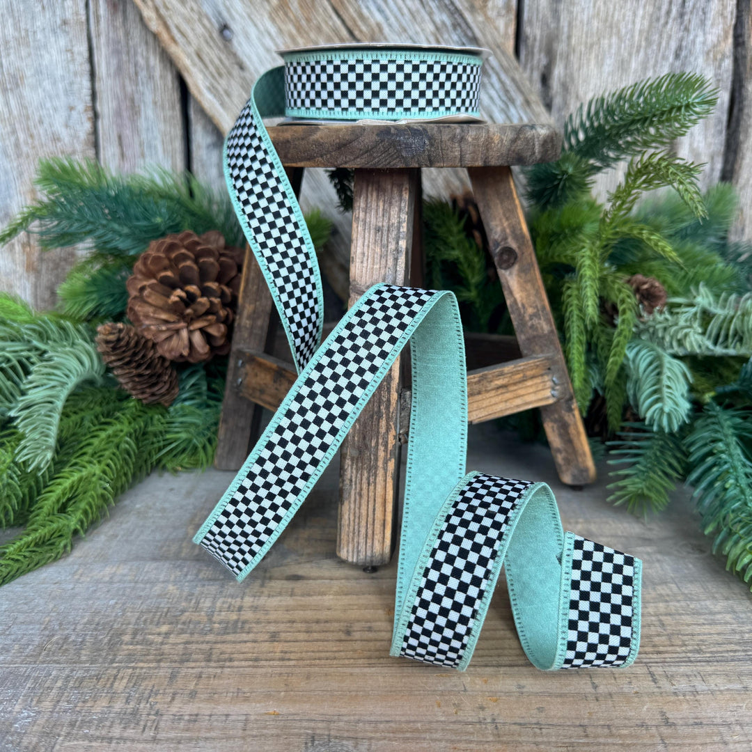 1" Black White Check Ribbon with Mint Green Trim