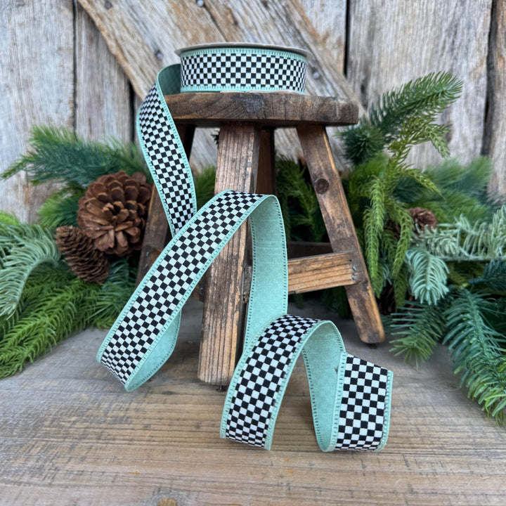 1" Black White Check Ribbon with Mint Green Trim