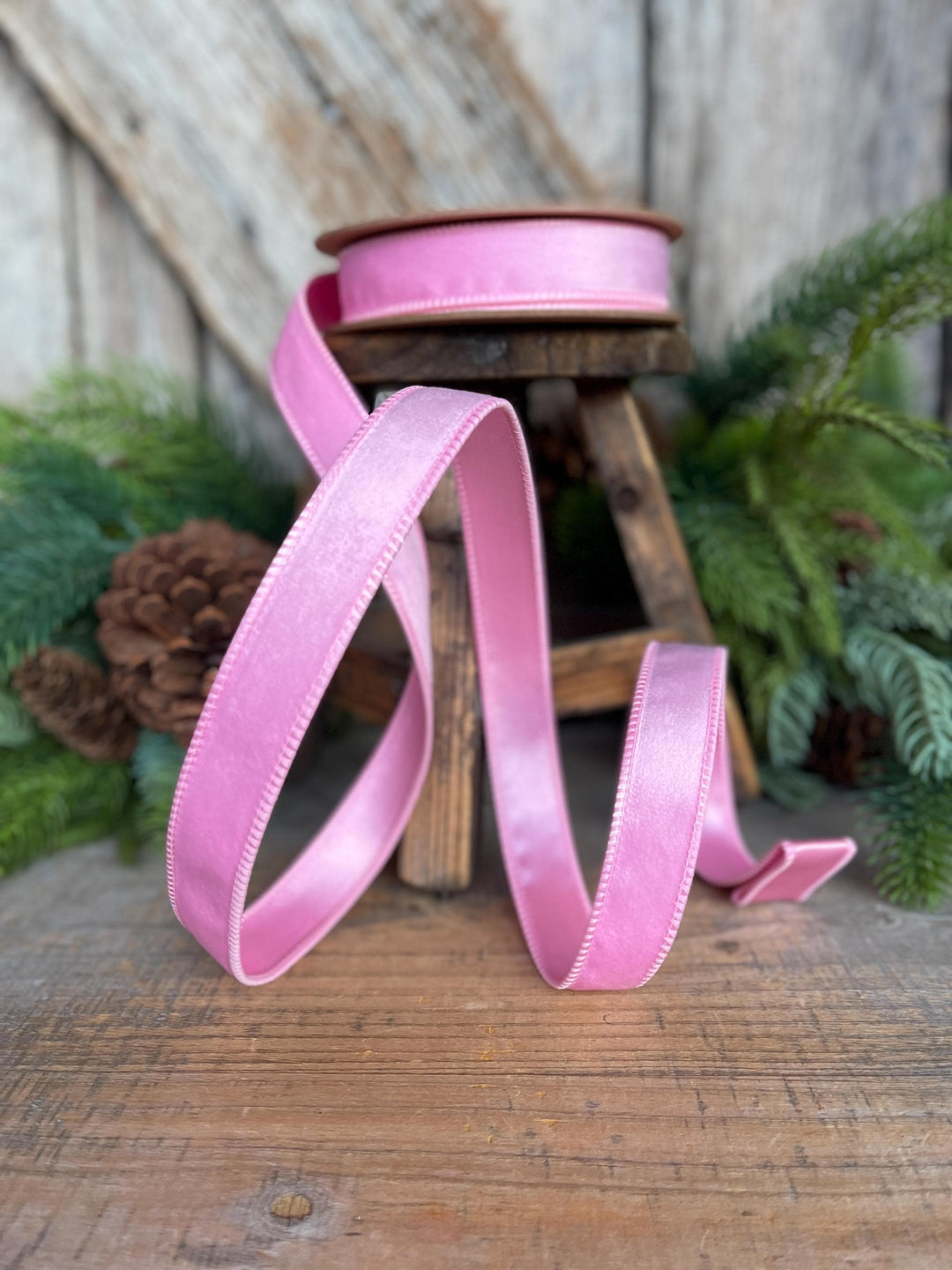 1" Pink Velvet Ribbon, Pink Velvet Ribbon, Wired Ribbon, Christmas Ribbon, Pink Christmas RIbbon
