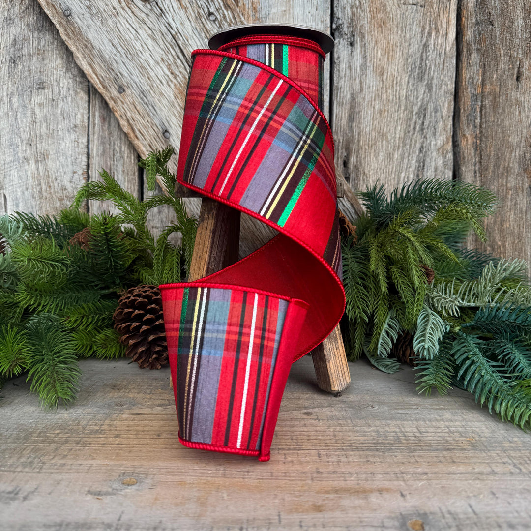 4" Traditional Christmas Plaid Ribbon, Wired Ribbon, Red Blue Chirstmas Plaid RIbbon