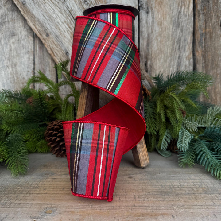 4" Traditional Christmas Plaid Ribbon, Wired Ribbon, Red Blue Chirstmas Plaid RIbbon