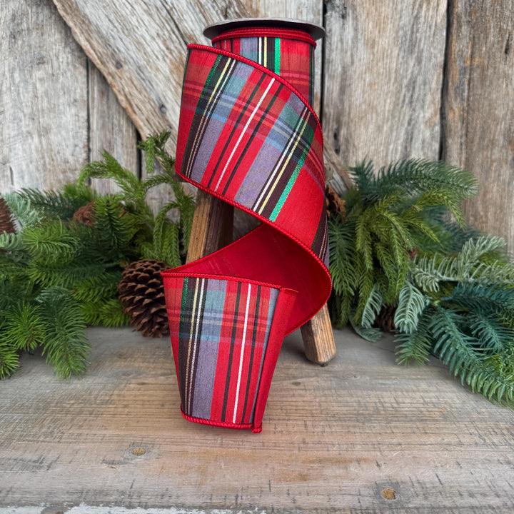 4" Traditional Christmas Plaid Ribbon, Wired Ribbon, Red Blue Chirstmas Plaid RIbbon