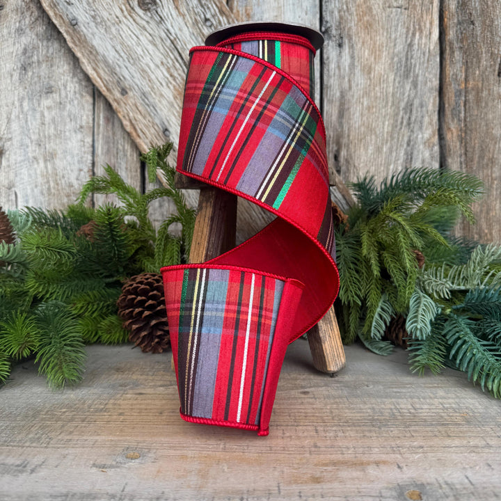 4" Traditional Christmas Plaid Ribbon, Wired Ribbon, Red Blue Chirstmas Plaid RIbbon