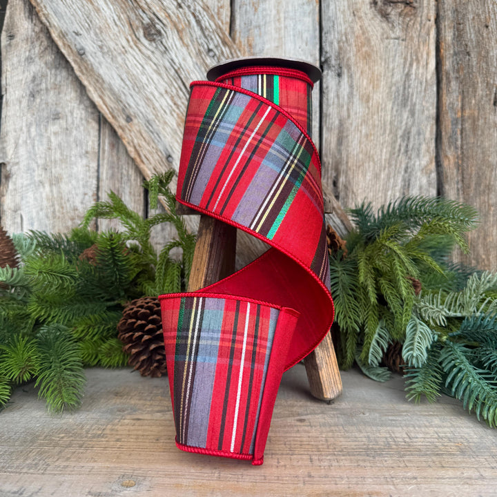 4" Traditional Christmas Plaid Ribbon, Wired Ribbon, Red Blue Chirstmas Plaid RIbbon