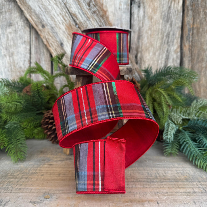 2.5" Traditional Christmas Plaid Ribbon, Wired Ribbon, Red Blue Chirstmas Plaid RIbbon
