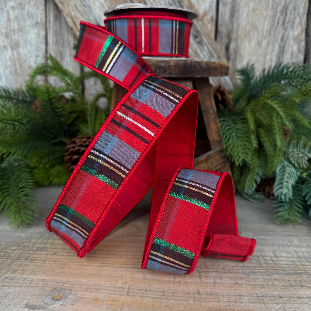 1.5" Traditional Christmas Plaid Ribbon, Wired Ribbon, Red Blue Chirstmas Plaid RIbbon