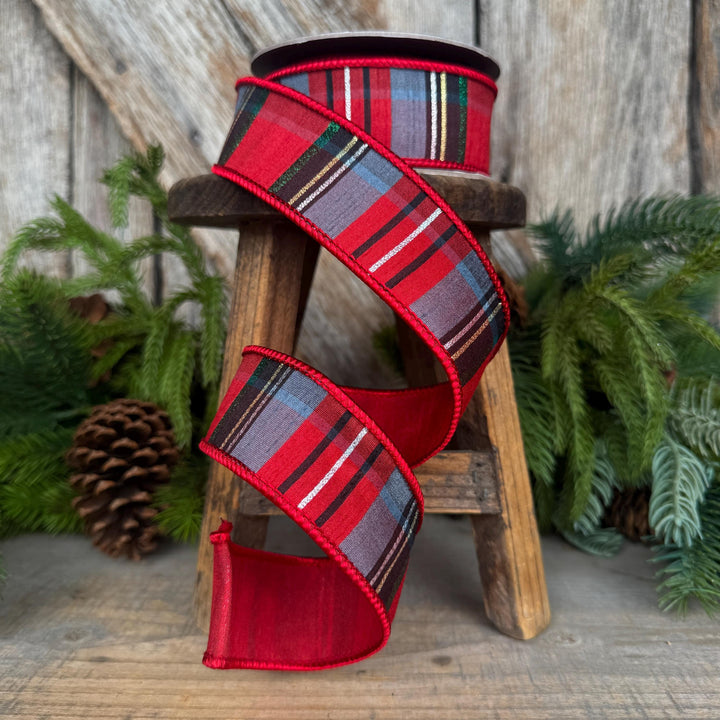 1.5" Traditional Christmas Plaid Ribbon, Wired Ribbon, Red Blue Chirstmas Plaid RIbbon