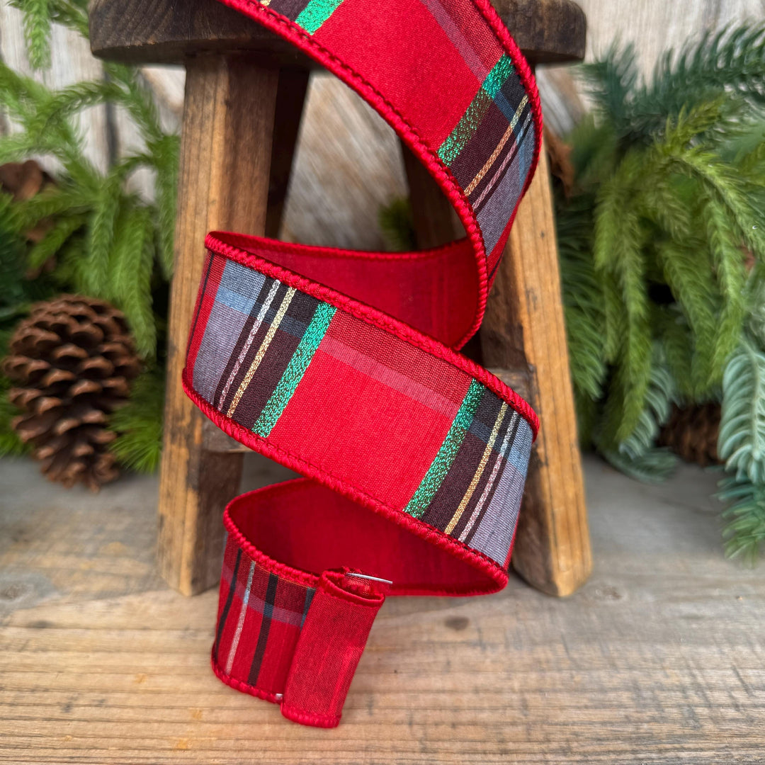 1.5" Traditional Christmas Plaid Ribbon, Wired Ribbon, Red Blue Chirstmas Plaid RIbbon