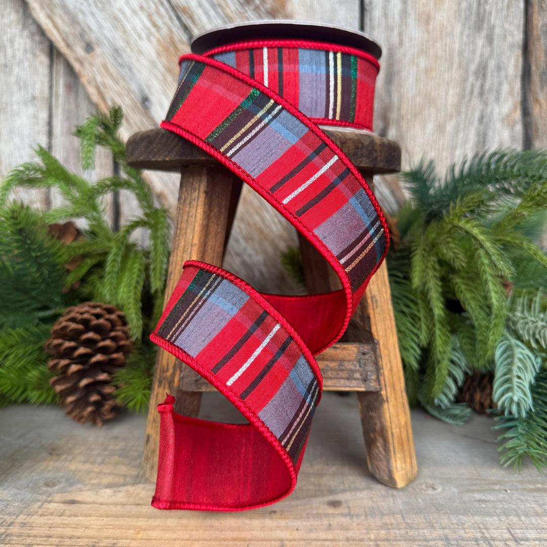 1.5" Traditional Christmas Plaid Ribbon, Wired Ribbon, Red Blue Chirstmas Plaid RIbbon