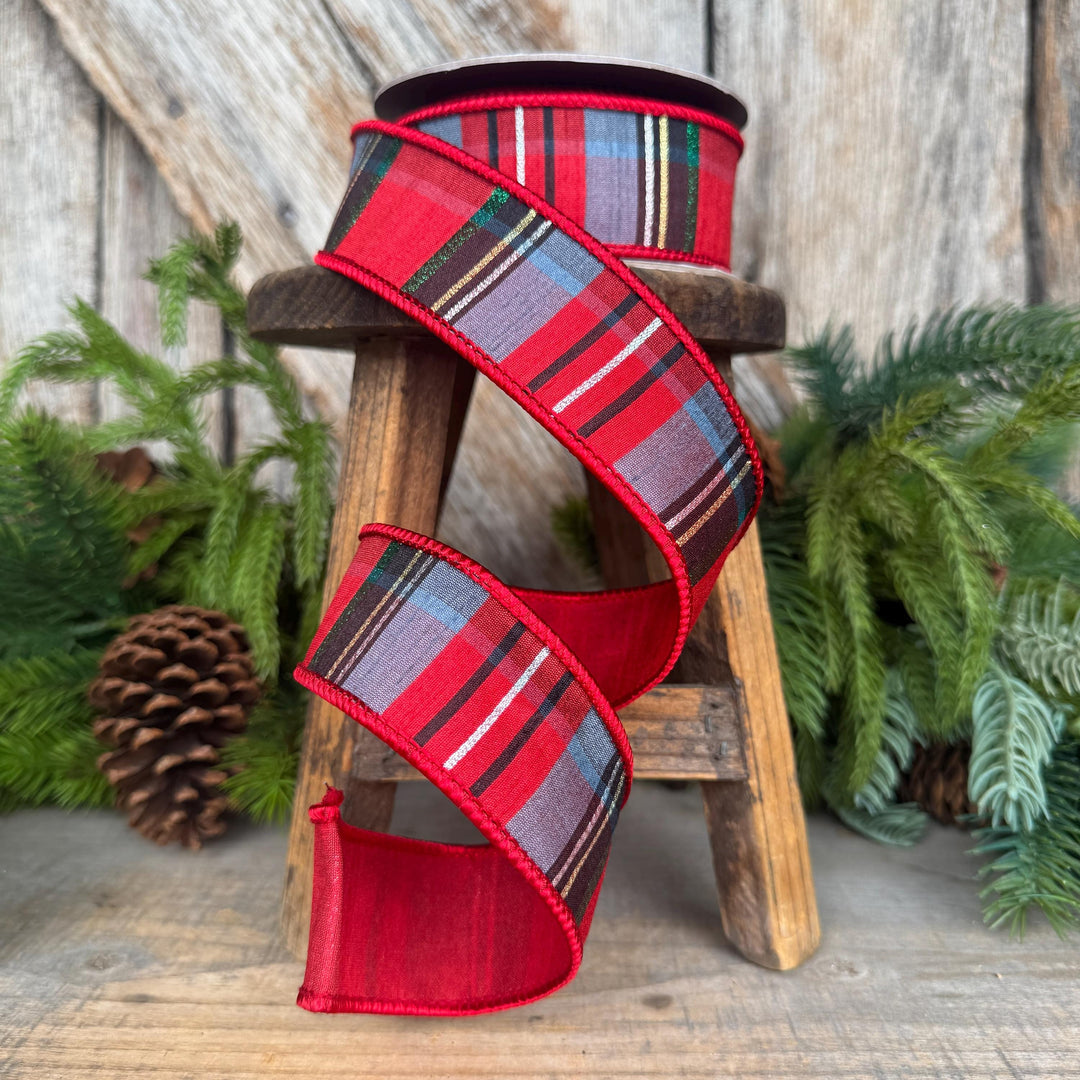 1.5" Traditional Christmas Plaid Ribbon, Wired Ribbon, Red Blue Chirstmas Plaid RIbbon