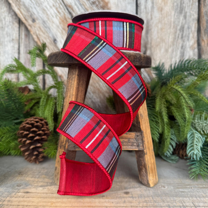 1.5" Traditional Christmas Plaid Ribbon, Wired Ribbon, Red Blue Chirstmas Plaid RIbbon