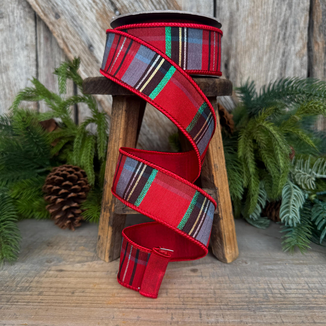 1.5" Traditional Christmas Plaid Ribbon, Wired Ribbon, Red Blue Chirstmas Plaid RIbbon