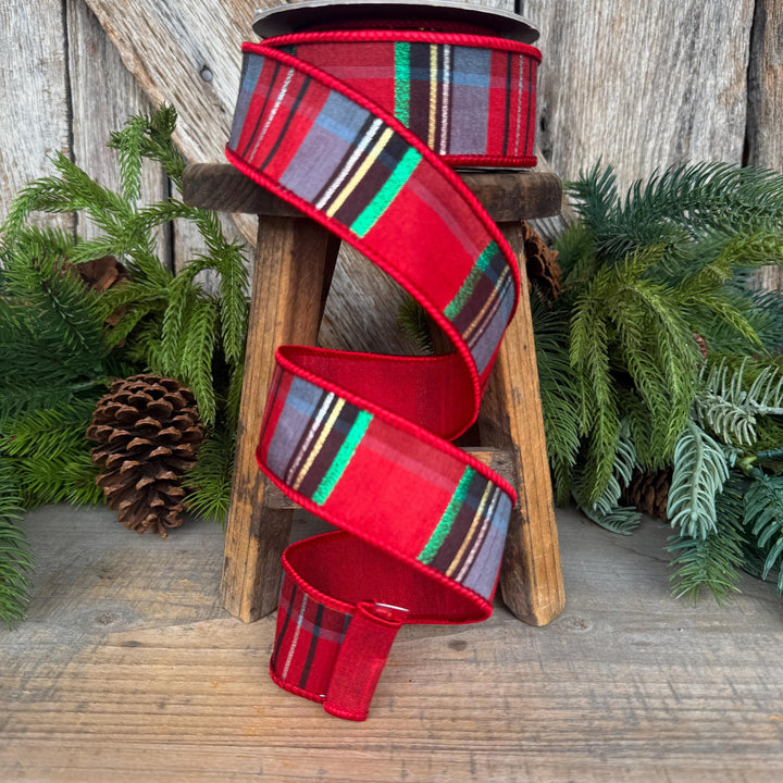 1.5" Traditional Christmas Plaid Ribbon, Wired Ribbon, Red Blue Chirstmas Plaid RIbbon