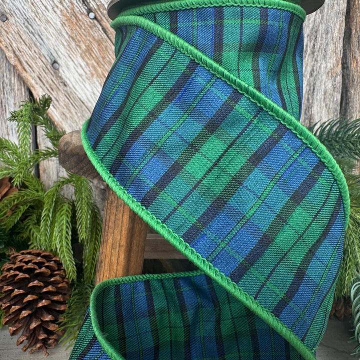 2.5" Blue Green Christmas Plaid Ribbon, Black Watch Plaid Ribbon, Navy Blue Plaid