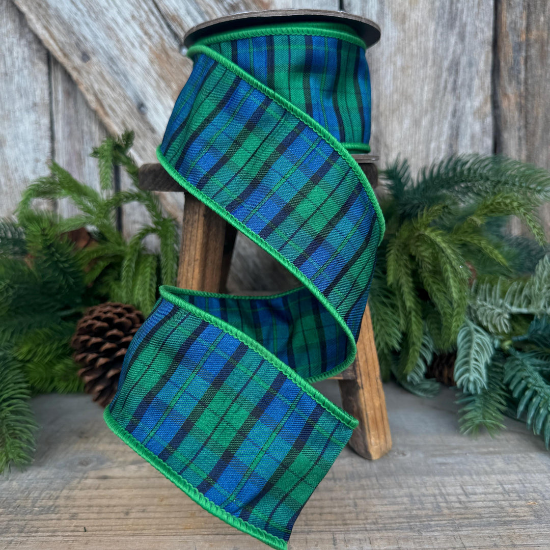 2.5" Blue Green Christmas Plaid Ribbon, Black Watch Plaid Ribbon