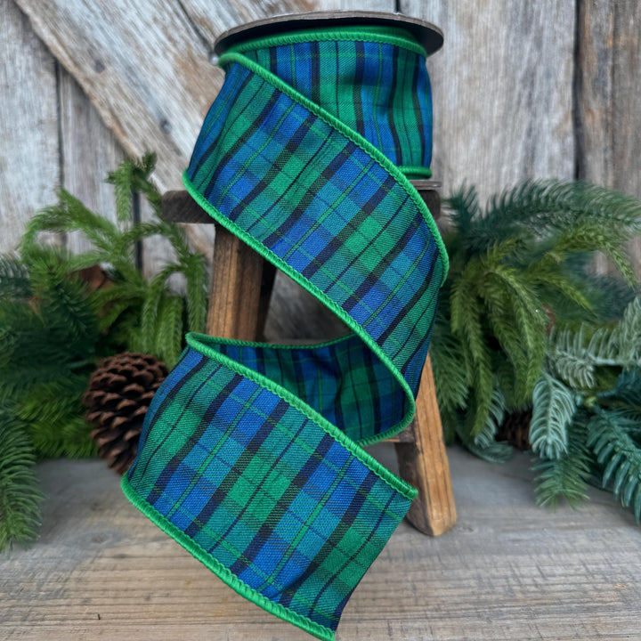 2.5" Blue Green Christmas Plaid Ribbon, Black Watch Plaid Ribbon