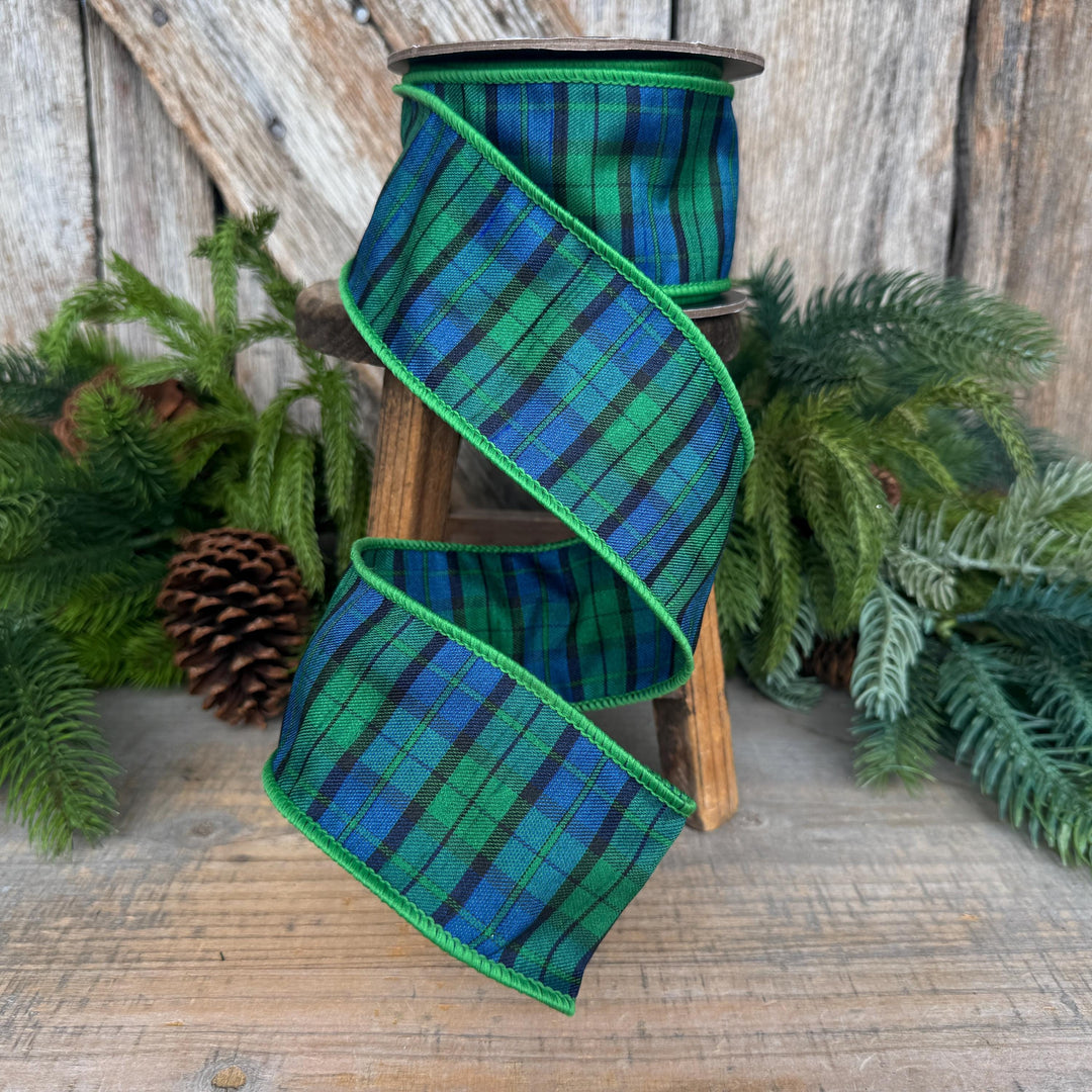 2.5" Blue Green Christmas Plaid Ribbon, Black Watch Plaid Ribbon, Navy Blue Plaid