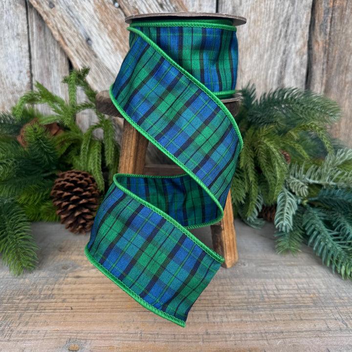 2.5" Blue Green Christmas Plaid Ribbon, Black Watch Plaid Ribbon, Navy Blue Plaid