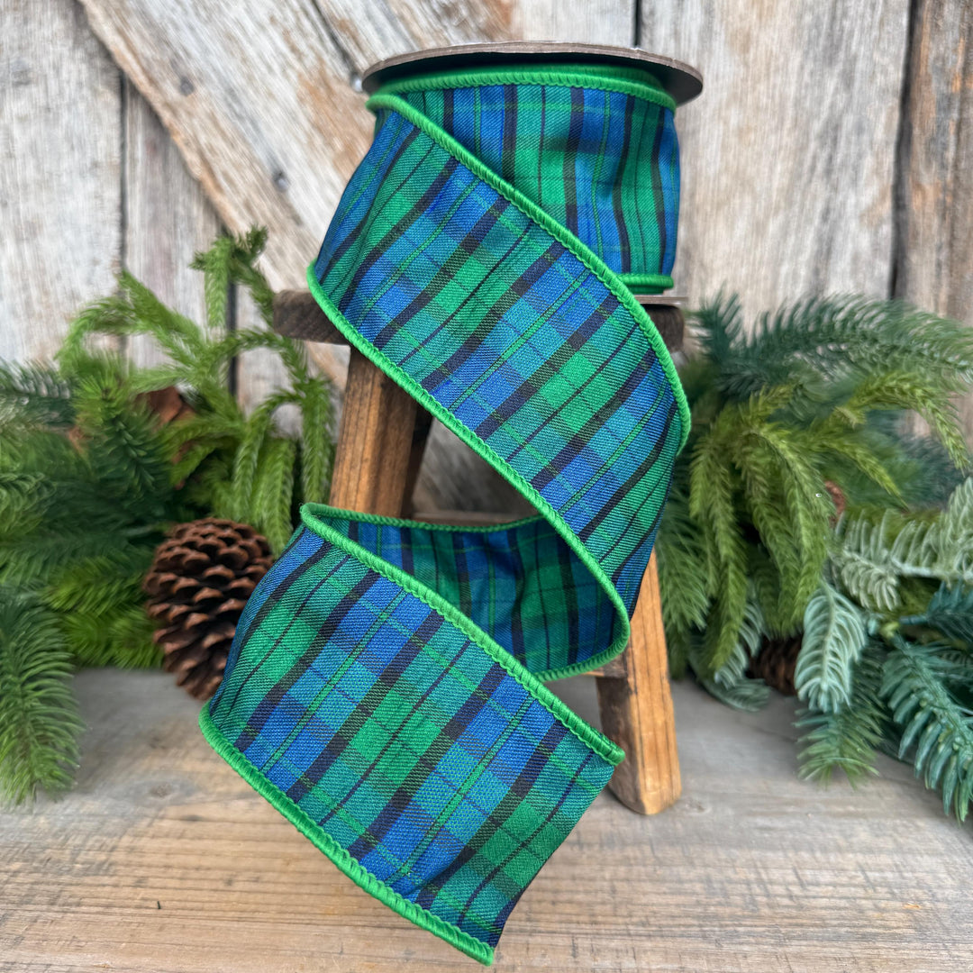 2.5" Blue Green Christmas Plaid Ribbon, Black Watch Plaid Ribbon, Navy Blue Plaid