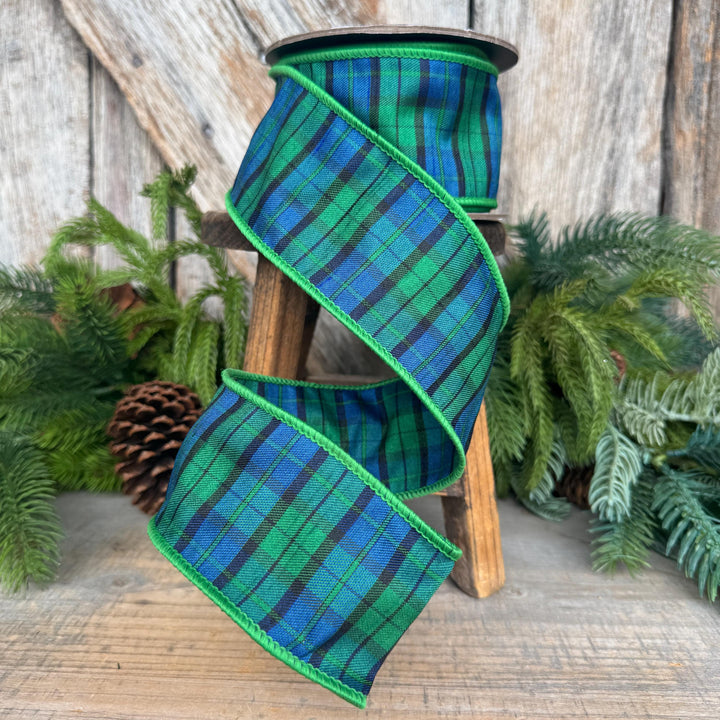 2.5" Blue Green Christmas Plaid Ribbon, Black Watch Plaid Ribbon, Navy Blue Plaid