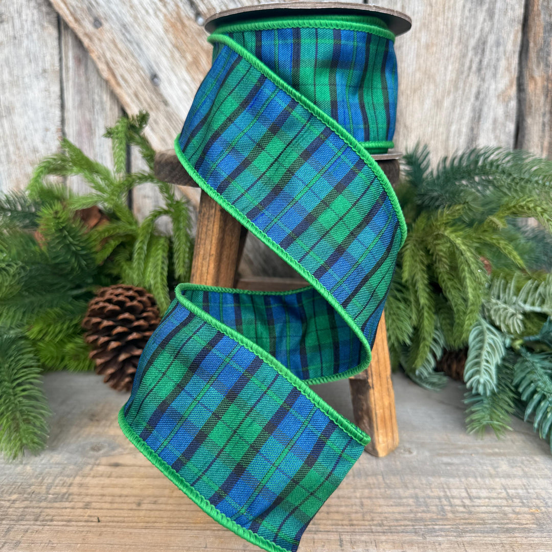 2.5" Blue Green Christmas Plaid Ribbon, Black Watch Plaid Ribbon, Navy Blue Plaid